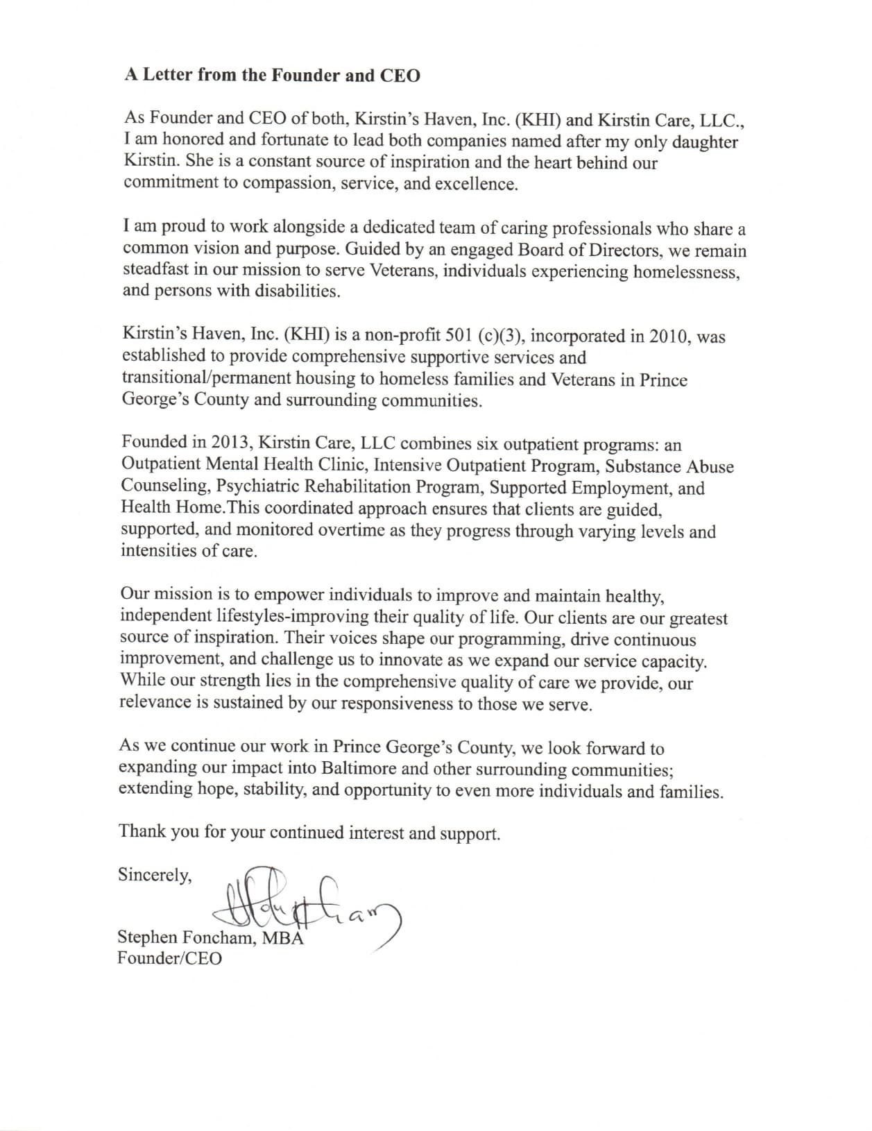 A Letter from the Founder and CEO, Stephen Foncham, describing how Kirstin's Haven, Inc. and Kirstin Care, LLC serve clients through every level of care